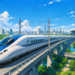 A modern high speed bullet train travelling on an elevated viaduct between Chennai and Bengaluru with a futuristic skyline.