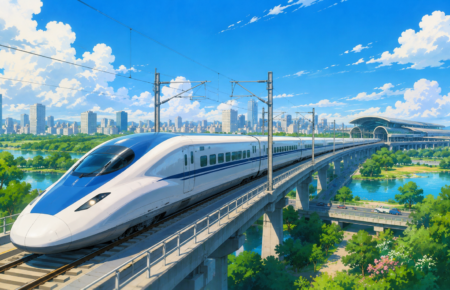 A modern high speed bullet train travelling on an elevated viaduct between Chennai and Bengaluru with a futuristic skyline.