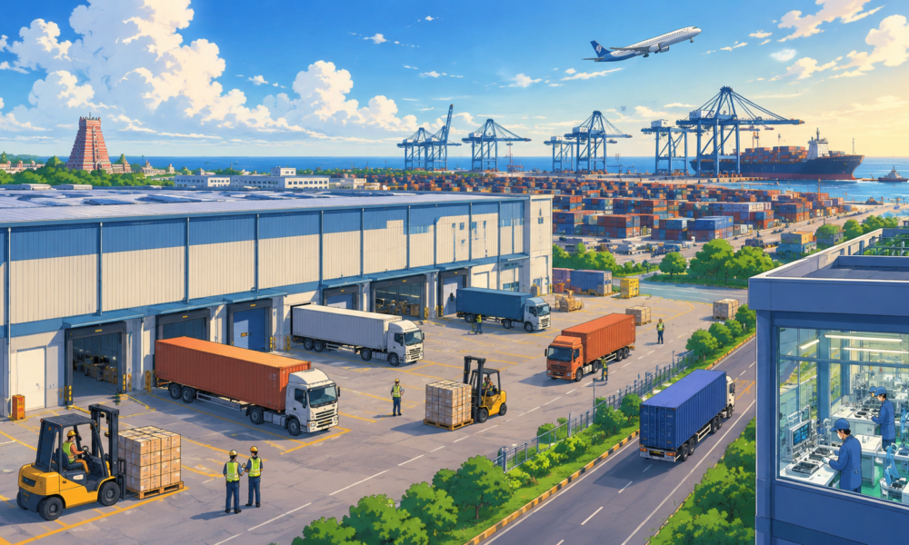 Modern logistics warehouse with cargo containers and freight vehicles at an integrated industrial park in Chennai.