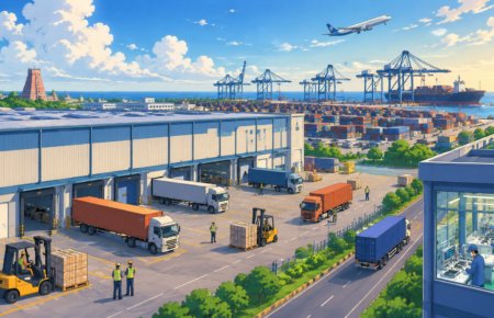 Modern logistics warehouse with cargo containers and freight vehicles at an integrated industrial park in Chennai.