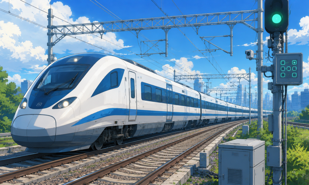 Modern high speed train equipped with advanced signalling infrastructure representing India's Kavach railway safety system in a Studio Ghibli inspired illustration.