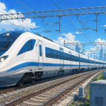 Tata Elxsi and NOVA Target ₹1 Lakh Crore Opportunity as Kavach Expansion Gains Pace Modern high speed train equipped with advanced signalling infrastructure representing India's Kavach railway safety system in a Studio Ghibli inspired illustration.
