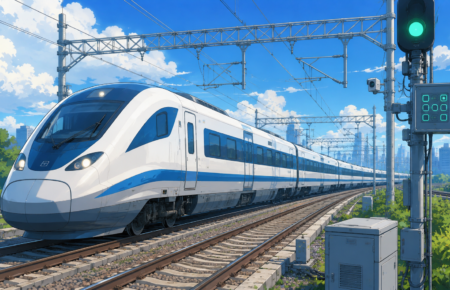 Modern high speed train equipped with advanced signalling infrastructure representing India's Kavach railway safety system in a Studio Ghibli inspired illustration.