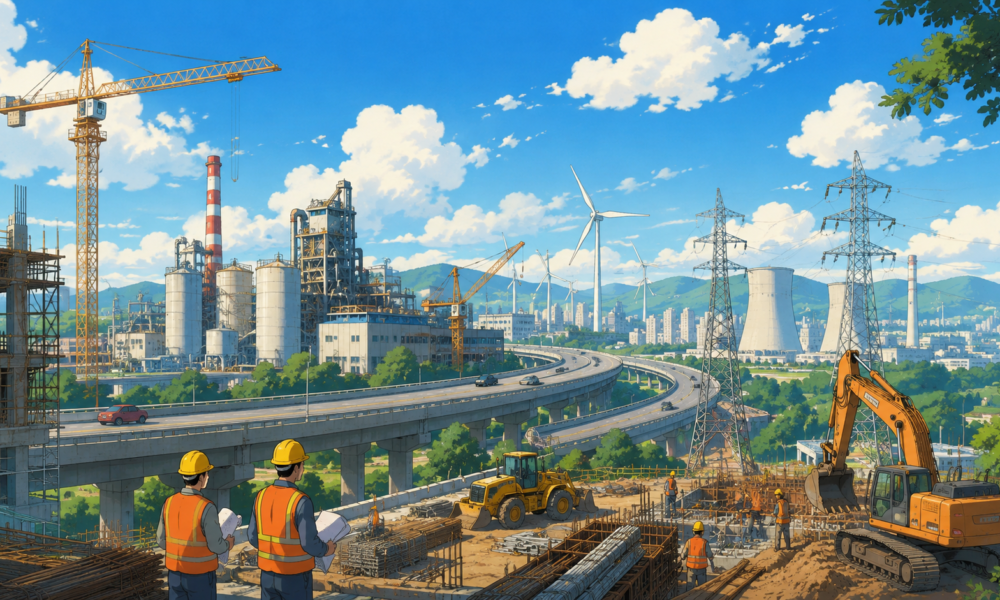 Construction cranes, highways and industrial facilities representing India's growing infrastructure sector.