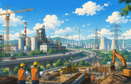 Construction cranes, highways and industrial facilities representing India's growing infrastructure sector.