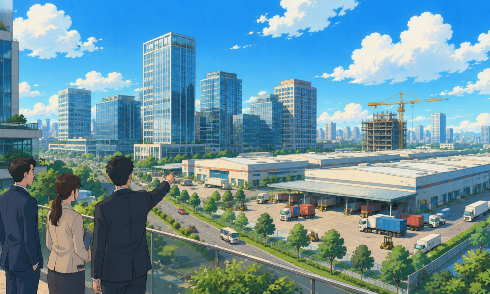 Modern skyline with office towers, logistics warehouses and industrial developments representing institutional real estate investment in India.