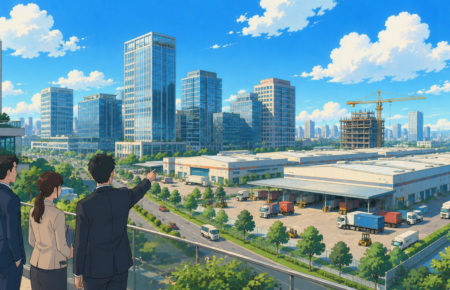 Modern skyline with office towers, logistics warehouses and industrial developments representing institutional real estate investment in India.