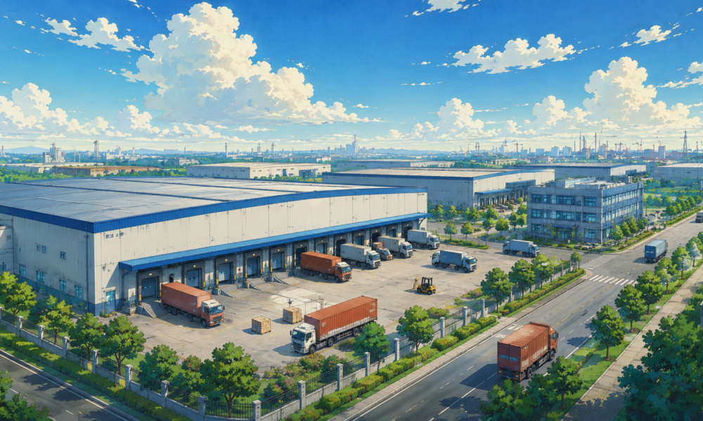 Modern Grade A industrial warehouse and logistics park with freight trucks in India