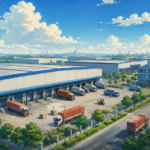 Modern Grade A industrial warehouse and logistics park with freight trucks in India
