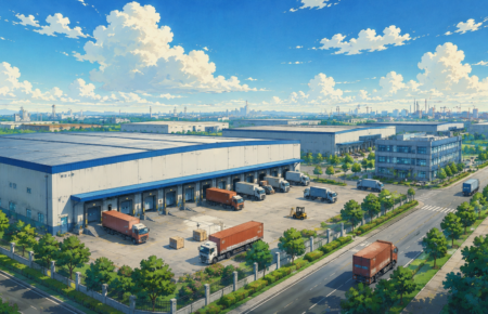 Modern Grade A industrial warehouse and logistics park with freight trucks in India