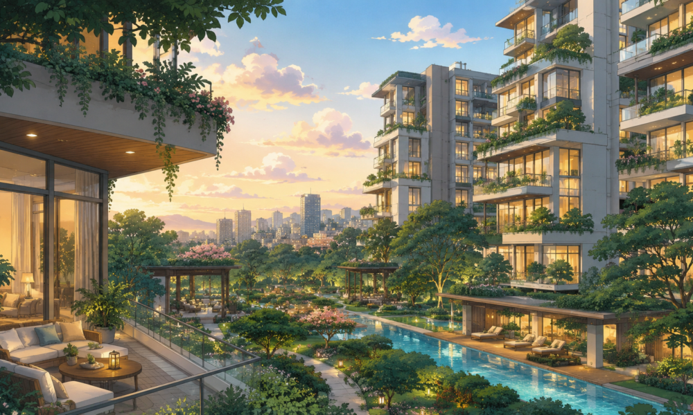 Luxury branded residential community with modern apartments, landscaped gardens and premium lifestyle amenities in a Studio Ghibli-inspired illustration.
