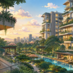 Luxury branded residential community with modern apartments, landscaped gardens and premium lifestyle amenities in a Studio Ghibli-inspired illustration.