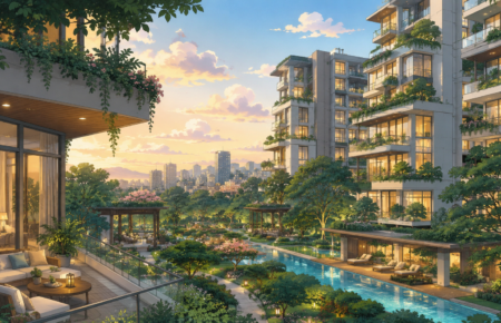 Luxury branded residential community with modern apartments, landscaped gardens and premium lifestyle amenities in a Studio Ghibli-inspired illustration.