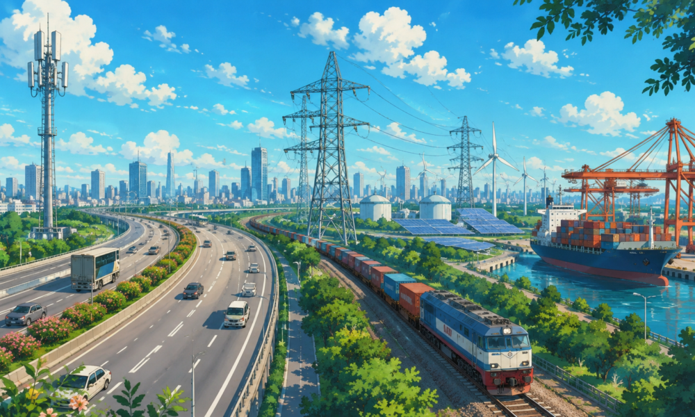 Modern Indian infrastructure showing highways, freight trains, ports, power transmission lines and digital connectivity in one integrated landscape.