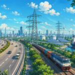 Modern Indian infrastructure showing highways, freight trains, ports, power transmission lines and digital connectivity in one integrated landscape.