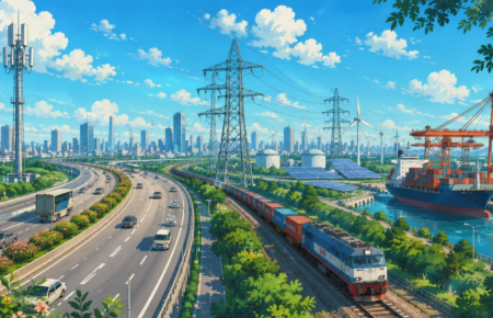 Modern Indian infrastructure showing highways, freight trains, ports, power transmission lines and digital connectivity in one integrated landscape.