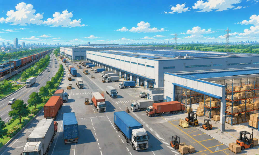 Modern Grade A warehouse with automated logistics operations, container trucks, freight trains and expressway connectivity.