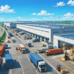 Modern Grade A warehouse with automated logistics operations, container trucks, freight trains and expressway connectivity.