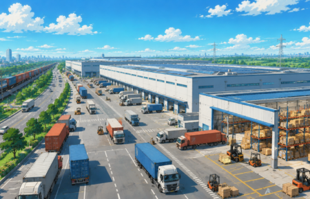Modern Grade A warehouse with automated logistics operations, container trucks, freight trains and expressway connectivity.