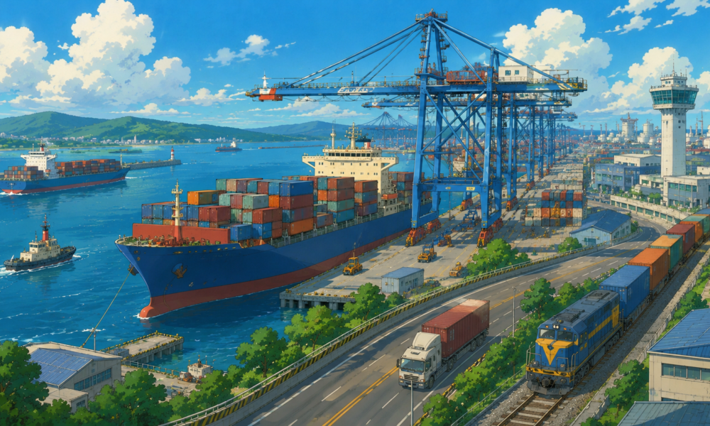 Modern Indian seaport with cargo ships, container terminals, cranes and multimodal logistics infrastructure representing Sagarmala Programme expansion.