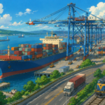 Modern Indian seaport with cargo ships, container terminals, cranes and multimodal logistics infrastructure representing Sagarmala Programme expansion.