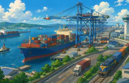 Modern Indian seaport with cargo ships, container terminals, cranes and multimodal logistics infrastructure representing Sagarmala Programme expansion.