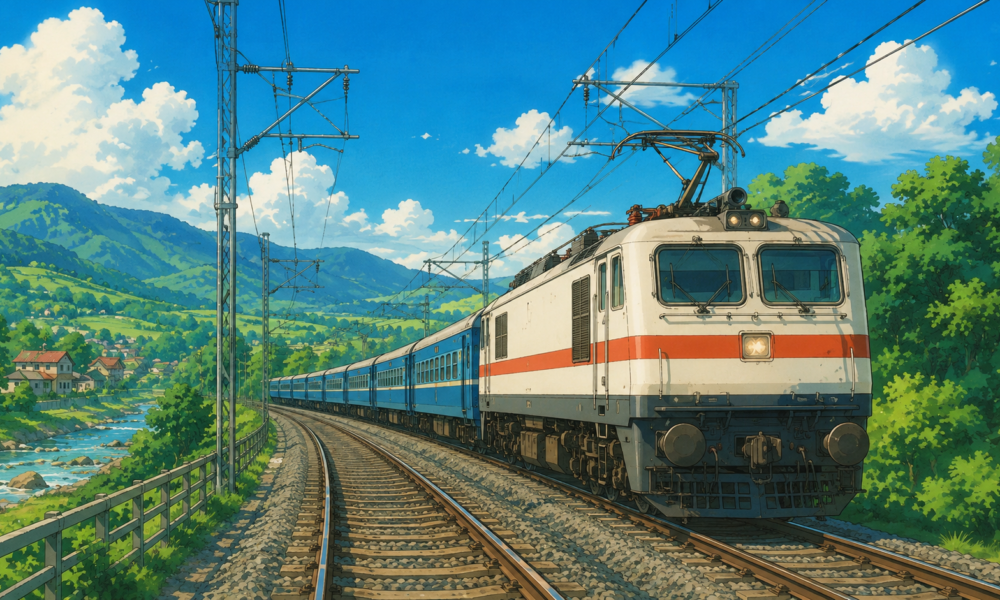 Studio Ghibli style illustration of a modern electric passenger train travelling through a lush green Indian countryside beneath overhead electrification lines, symbolising India's near complete railway electrification.