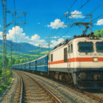 Studio Ghibli style illustration of a modern electric passenger train travelling through a lush green Indian countryside beneath overhead electrification lines, symbolising India's near complete railway electrification.
