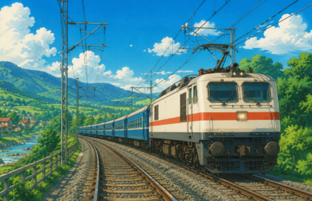 Studio Ghibli style illustration of a modern electric passenger train travelling through a lush green Indian countryside beneath overhead electrification lines, symbolising India's near complete railway electrification.