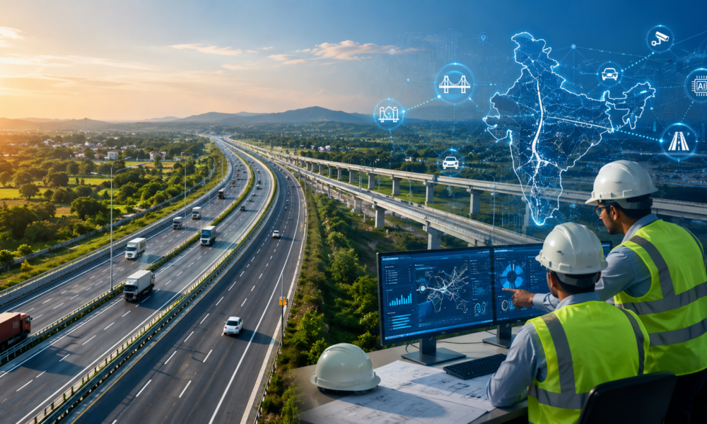 Engineers analysing digital highway data with a modern Indian expressway, representing smart road infrastructure and data-driven highway management.