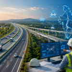 Engineers analysing digital highway data with a modern Indian expressway, representing smart road infrastructure and data-driven highway management.