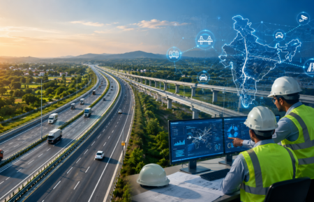 Engineers analysing digital highway data with a modern Indian expressway, representing smart road infrastructure and data-driven highway management.