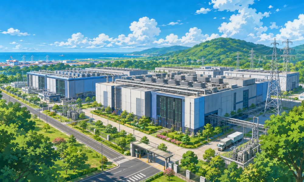 Large hyperscale data centre campus with modern server buildings and digital network graphics representing AI and cloud infrastructure in Andhra Pradesh.