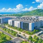 Large hyperscale data centre campus with modern server buildings and digital network graphics representing AI and cloud infrastructure in Andhra Pradesh.