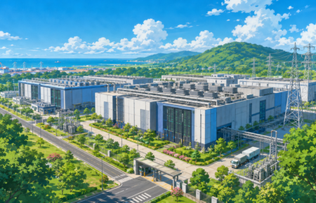 Large hyperscale data centre campus with modern server buildings and digital network graphics representing AI and cloud infrastructure in Andhra Pradesh.