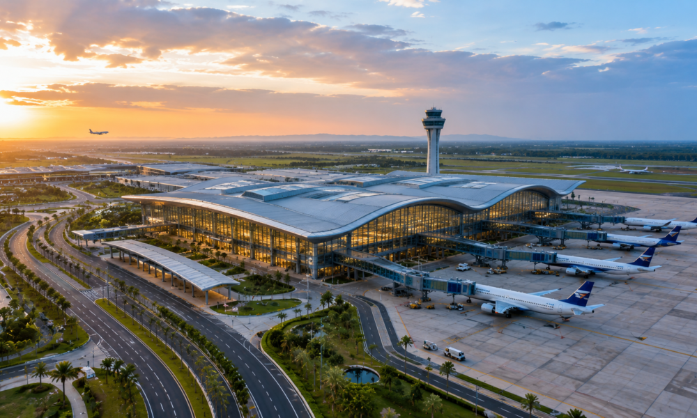 A modern international airport terminal with aircraft, cargo facilities and transport links at Bhogapuram in Andhra Pradesh.