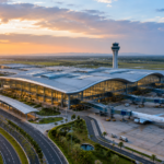 A modern international airport terminal with aircraft, cargo facilities and transport links at Bhogapuram in Andhra Pradesh.