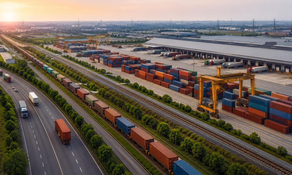 Aerial view of freight containers, warehouses and rail infrastructure at a modern logistics hub in Dadri, Uttar Pradesh.