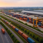 Aerial view of freight containers, warehouses and rail infrastructure at a modern logistics hub in Dadri, Uttar Pradesh.