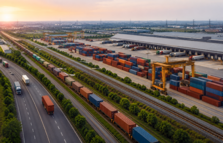 Aerial view of freight containers, warehouses and rail infrastructure at a modern logistics hub in Dadri, Uttar Pradesh.