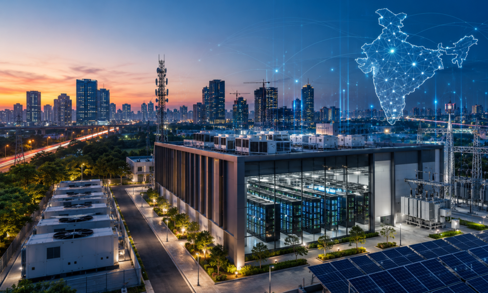 Modern AI data centre campus with digital servers and commercial buildings representing India's growing digital infrastructure.