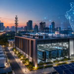 Modern AI data centre campus with digital servers and commercial buildings representing India's growing digital infrastructure.