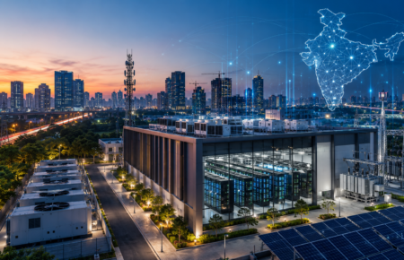 Modern AI data centre campus with digital servers and commercial buildings representing India's growing digital infrastructure.