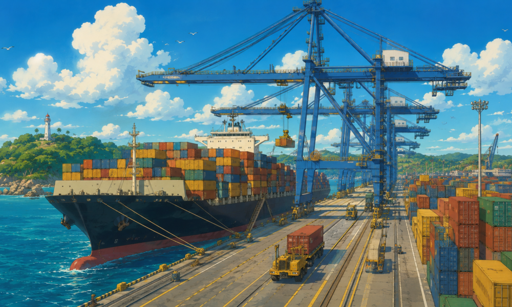 Studio Ghibli style illustration of a modern container port with cargo ships, towering cranes, shipping containers and a busy maritime terminal along the Indian coastline.