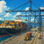 Studio Ghibli style illustration of a modern container port with cargo ships, towering cranes, shipping containers and a busy maritime terminal along the Indian coastline.