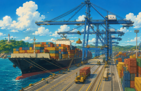 Studio Ghibli style illustration of a modern container port with cargo ships, towering cranes, shipping containers and a busy maritime terminal along the Indian coastline.