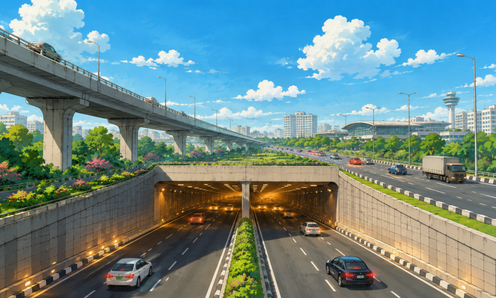 Studio Ghibli style illustration of a modern Indian highway featuring a six lane road tunnel, elevated expressway, vehicles, landscaped greenery and a city skyline under a bright blue sky.