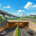 Studio Ghibli style illustration of a modern Indian highway featuring a six lane road tunnel, elevated expressway, vehicles, landscaped greenery and a city skyline under a bright blue sky.