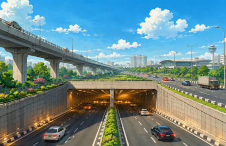 Studio Ghibli style illustration of a modern Indian highway featuring a six lane road tunnel, elevated expressway, vehicles, landscaped greenery and a city skyline under a bright blue sky.