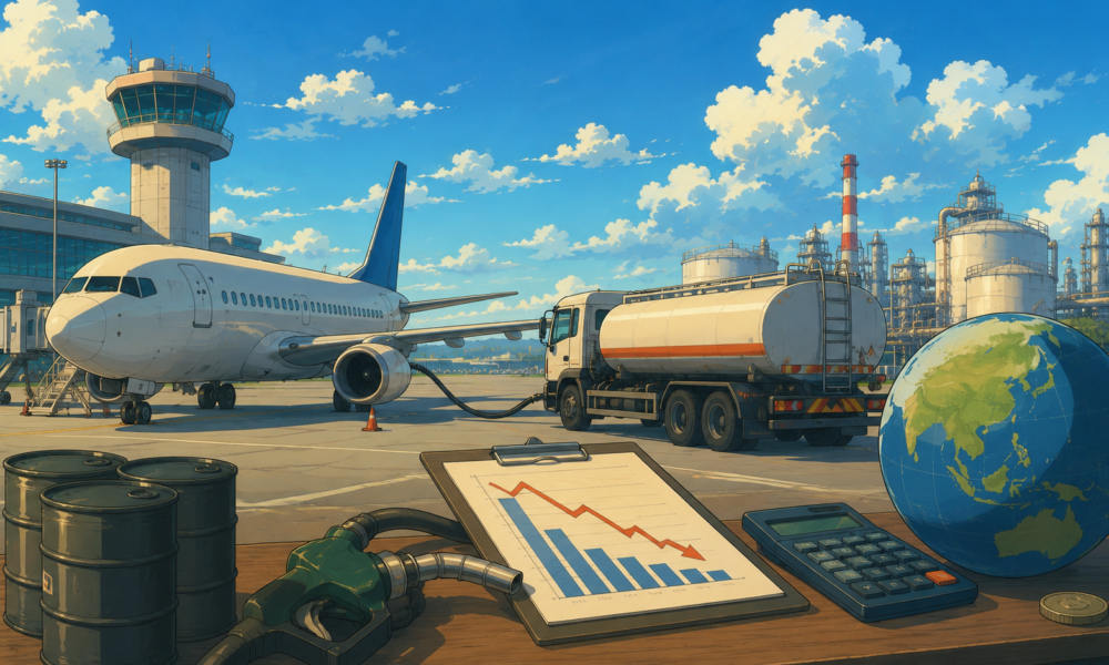 Studio Ghibli style illustration of a passenger aircraft being refuelled at a modern airport with a fuel tanker, aviation fuel drums, an air traffic control tower and a downward market trend symbolising falling jet fuel prices.